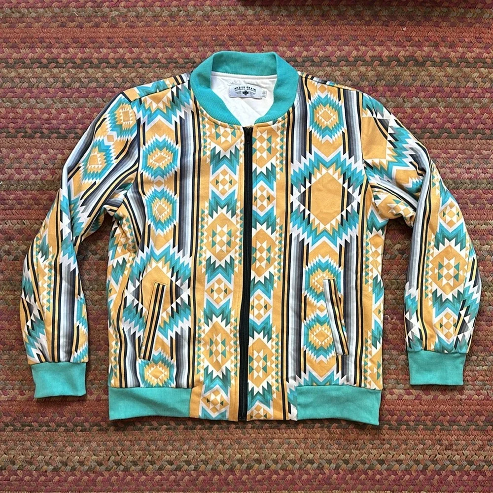 CRAZY TRAIN YELLOW & BLUE AZTEC GEOMETRIC WESTERN COUNTRY COWGIRL BOMBER JACKET - Picture 7 of 7
